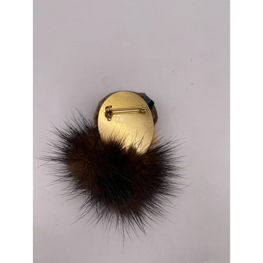 Vintage Face Pin Fur Trim Brown